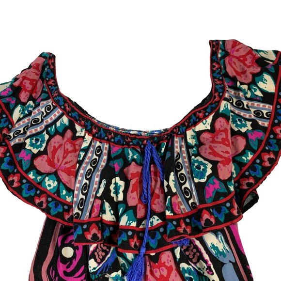 Flying Tomato Boho Floral Off Shoulder Tunic Dress Size M Tassels Mini Coachella - Picture 6 of 11